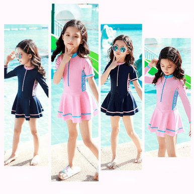 Girls' Color blocking Sports & Leisure One-piece Skirt Swimsuit With Skirt