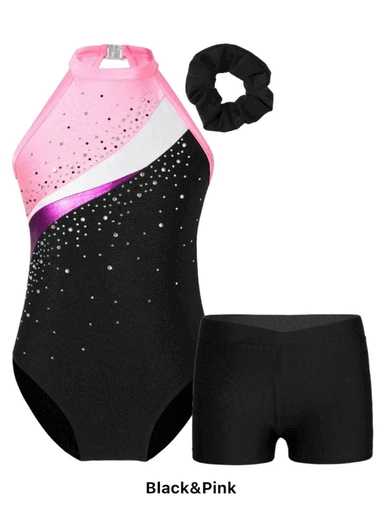 Girls Sleeveless Rhinestone Gymnastics Leotards with Hair Band Shorts Bottoms - Image 2